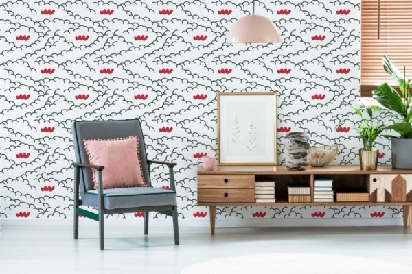 Red, black and white cloud peel and stick removable wallpaper