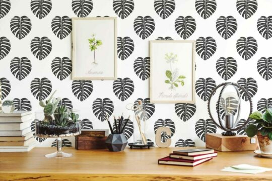 Black and white monstera leaf peel and stick wallpaper