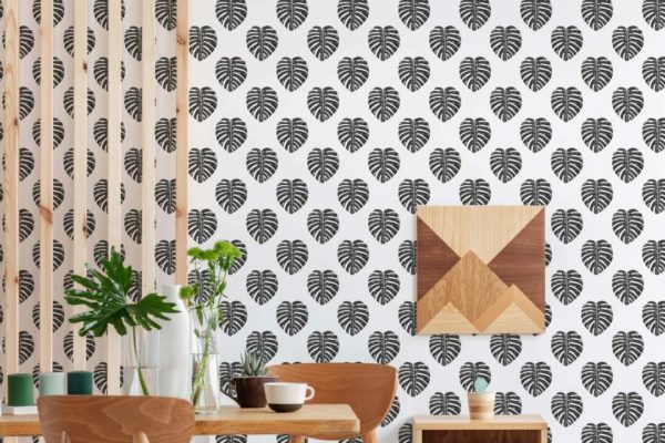 Black and white monstera leaf wallpaper for walls