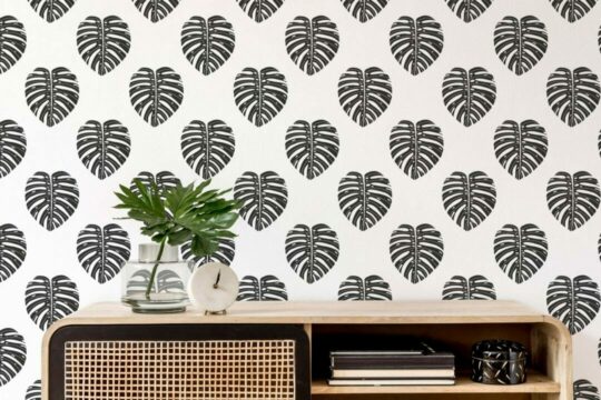 Black and white monstera leaf stick on wallpaper