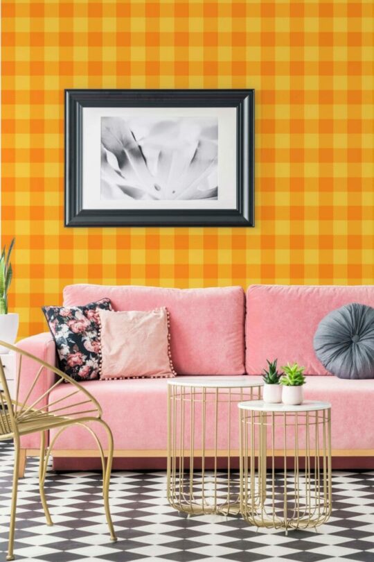 Orange and yellow check stick on wallpaper