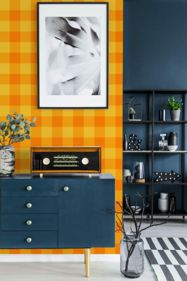 Orange and yellow check peel stick wallpaper