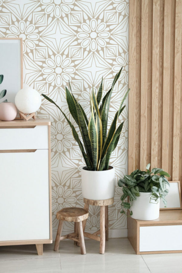 Beige geometric floral stick on wallpaper