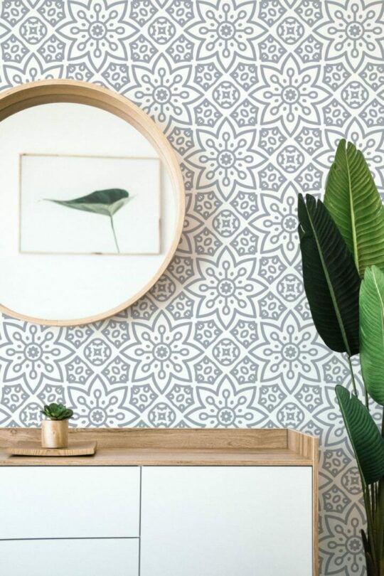 Gray geometric floral peel and stick wallpaper