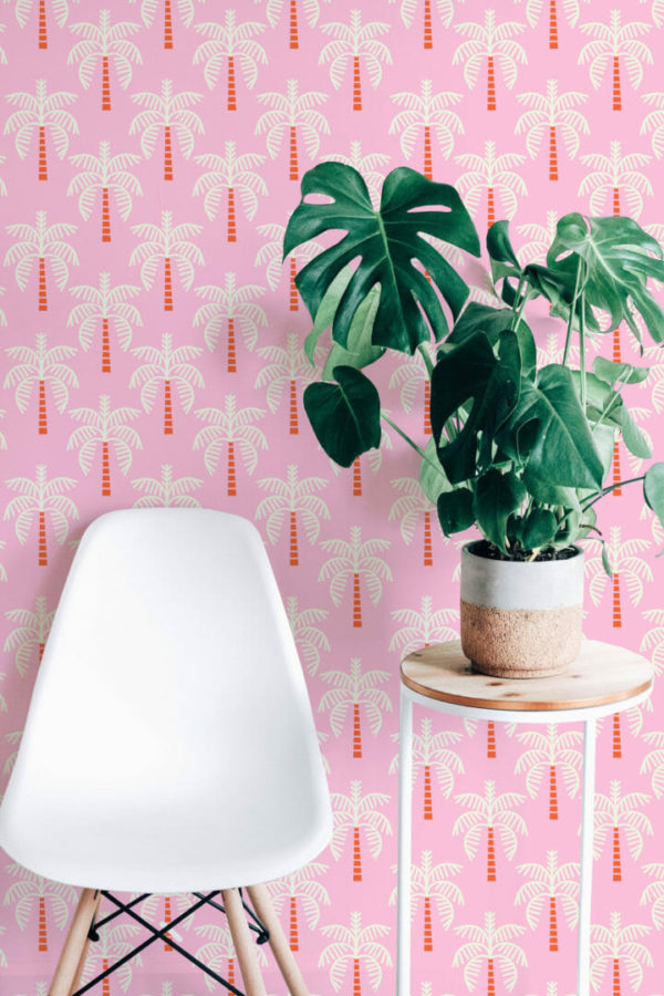 Pink palm tree peel stick wallpaper