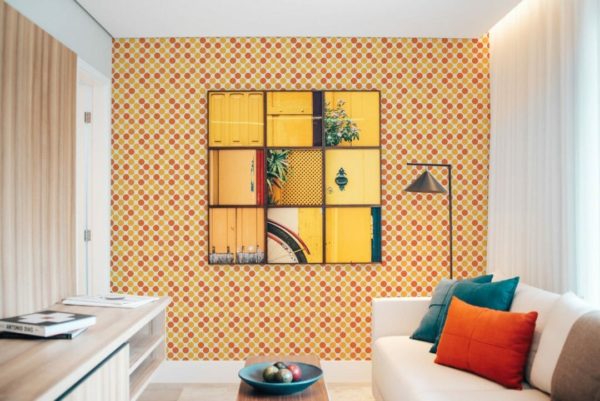 Yellow and orange polka dot peel stick wallpaper
