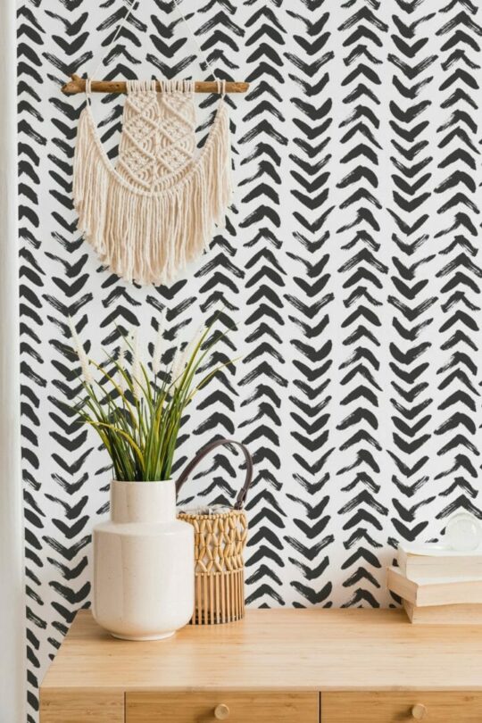 Black and white brush stroke herringbone wallpaper for walls