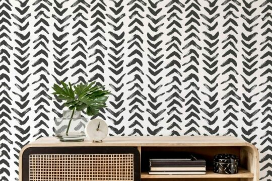 Black and white brush stroke herringbone self adhesive wallpaper