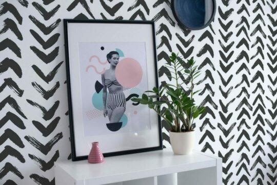Black and white brush stroke herringbone stick on wallpaper