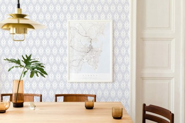 Blue and white geometric leaf wallpaper for walls