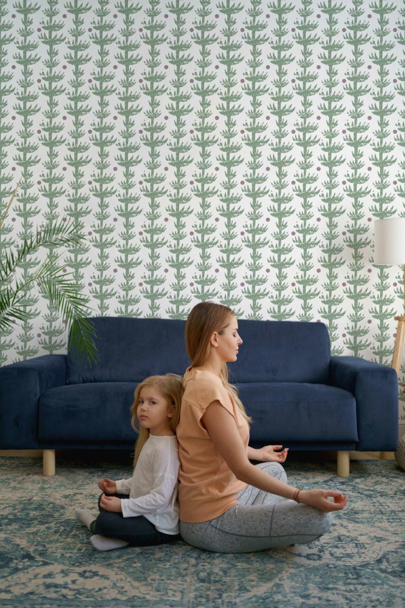 Traditional Wallpaper Green Zen Cactus Mosaic - Fancy Walls