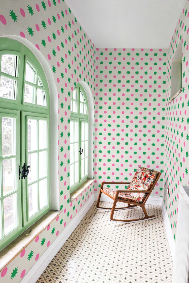 Fancy Walls peel and stick wallpaper with modern eclectic green star pattern.