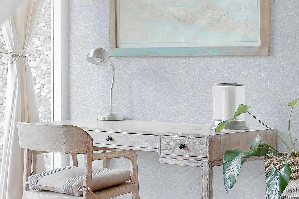 peel and stick wallpaper in light office setting