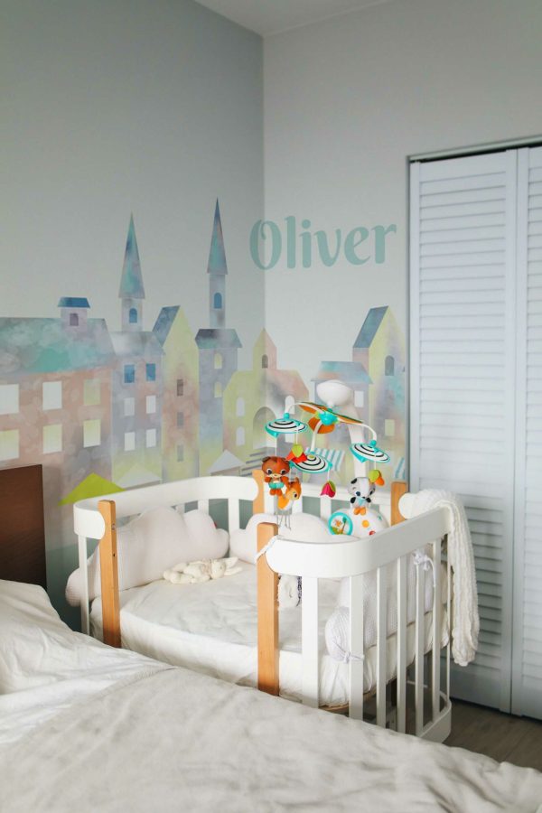 Fancy Walls wallpaper mural with a fun Blue Watercolor City design