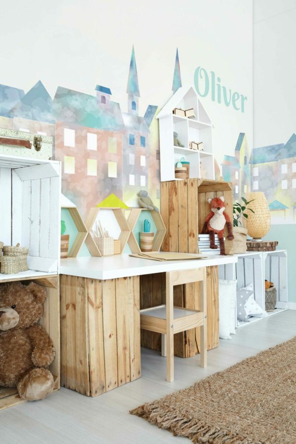 Wall mural peel and stick Blue Watercolor City by Fancy Walls