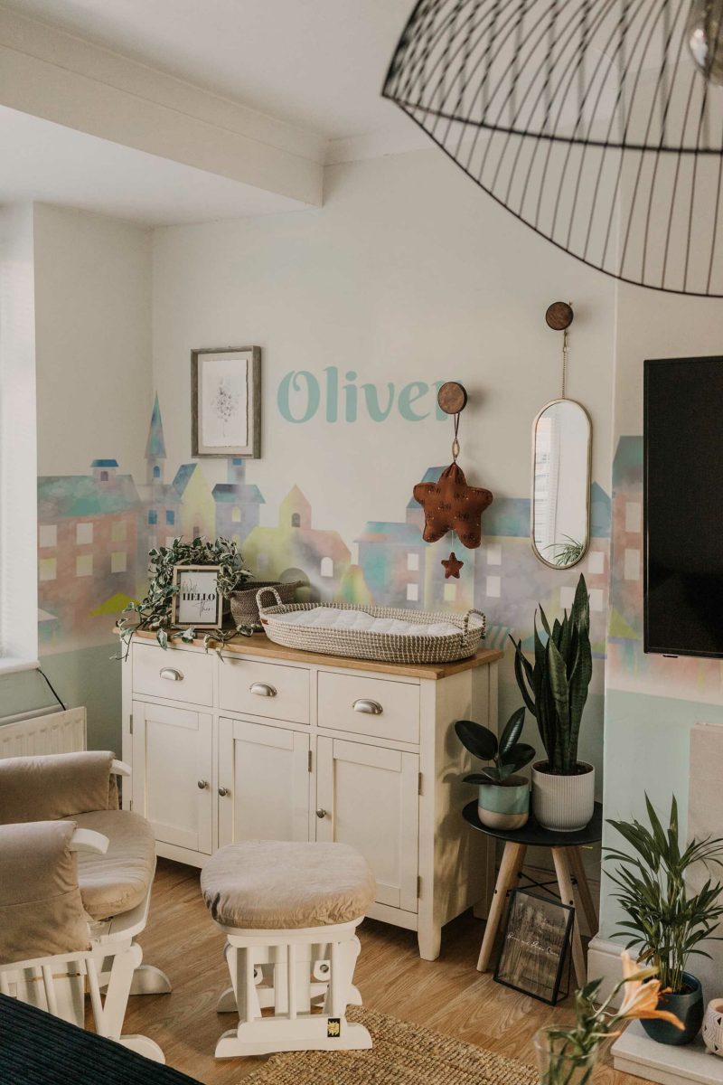 Dreamy Watercolor City Custom Name peel and stick or non-pasted wall mural. Fancy Walls removable self-adhesive or traditional eclectic watercolor eco-friendly and PVC-free nursery mural for wall.