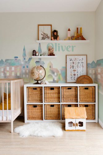 Watercolor City mural for wall in blue, by Fancy Walls