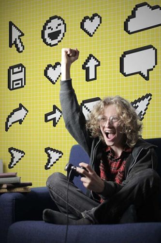 Yellow bold pixel pictogram wall mural for game room. Fancy Walls wallpapers peel and stick or non-pasted