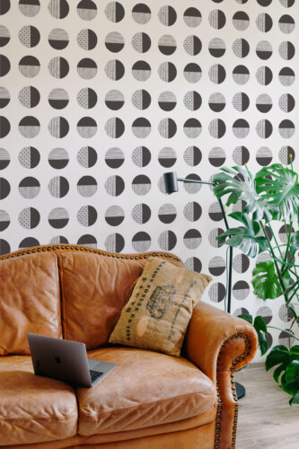 Modern Geometric Circles pre-pasted wallpaper showcasing geometric circles with striped, grid, and textured elements.