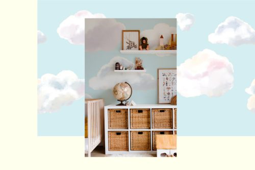 Nursery decorated with Fancy Walls Decor nursery wallpaper mural with sunny clouds on a blue background