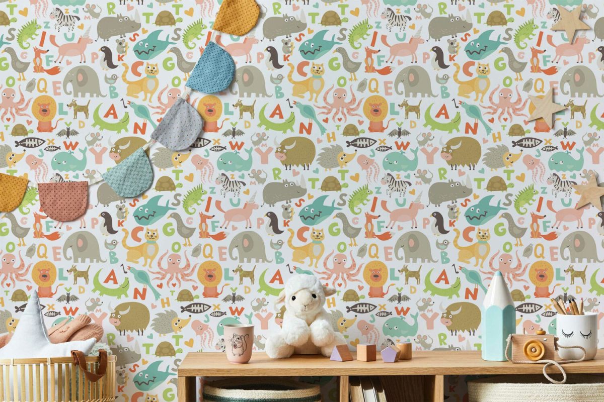 Alphabet themed nursery wallpaper - Letters and animals on Eco-friendly materials