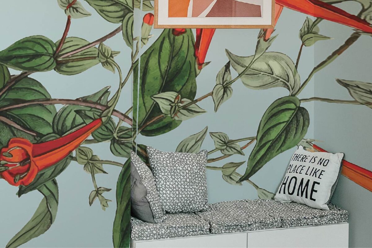 Bold aesthetic floral peel and stick wallpaper for walls on a powder blue background