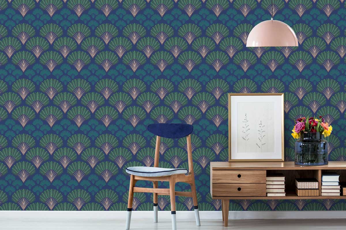 trending blue, green and pink art deco palm fancywalls wallpaper