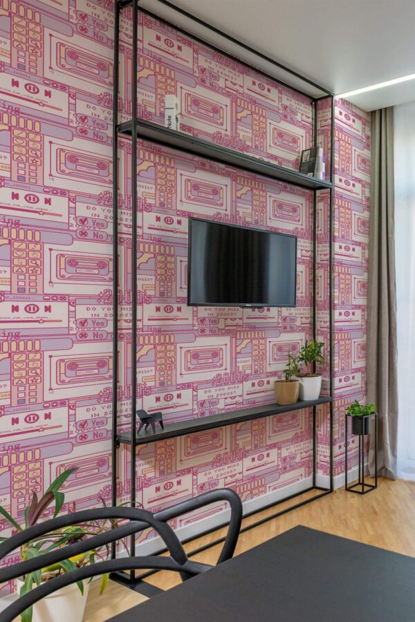 Industrial style living room decorated with 2000s peel and stick wallpaper