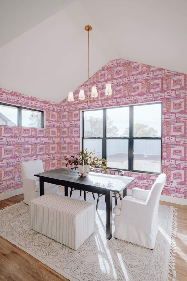 Elegant minimal style dining room decorated with 2000s peel and stick wallpaper