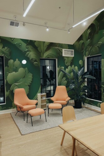 3D Imitation Art Deco Wall Mural with bold green botanical damask in a sculptural 3D effect, ideal for living rooms, dining rooms, or elegant accent walls.