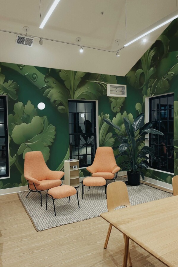3D Imitation Art Deco Wall Mural with bold green botanical damask in a sculptural 3D effect, ideal for living rooms, dining rooms, or elegant accent walls.