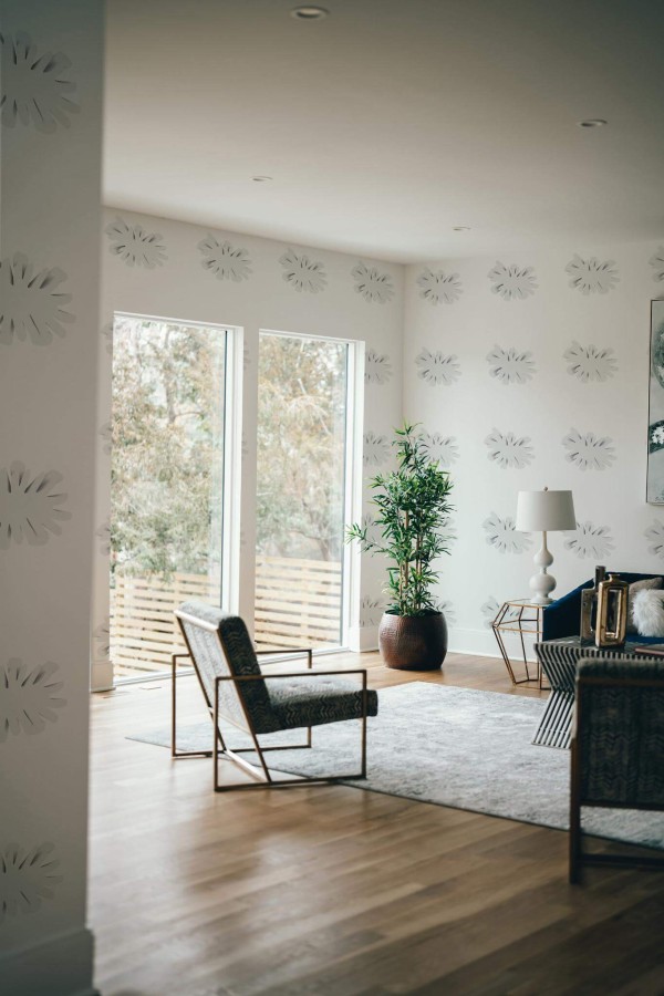 Modern style living room decorated with 3d flower peel and stick wallpaper