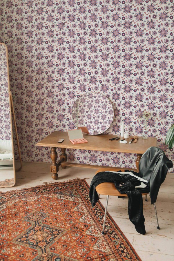 Rustic eclectic style powder room decorated with 4th july peel and stick wallpaper