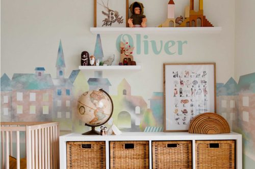 Watercolor city wall mural - nursery name mural design by Fancy Walls 