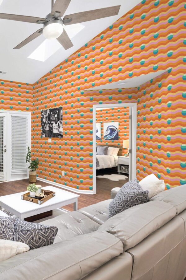 Coastal scandinavian style living room and bedroom decorated with 70s wallpaper peel and stick wallpaper