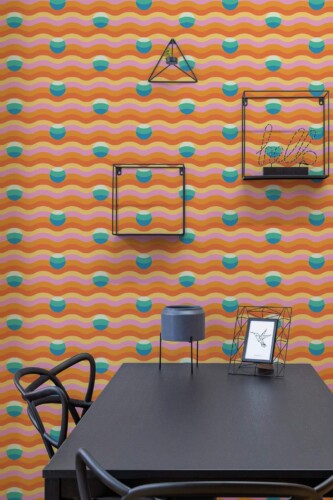 Industrial modern style dining room decorated with 70s wallpaper peel and stick wallpaper