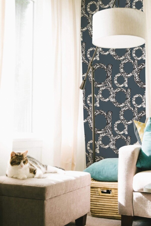 Coastal style living room decorated with A pattern peel and stick wallpaper
