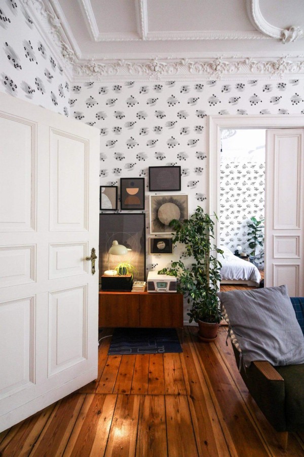 Mid-century modern luxury style living room and bedroom decorated with Abstract Brush stroke peel and stick wallpaper