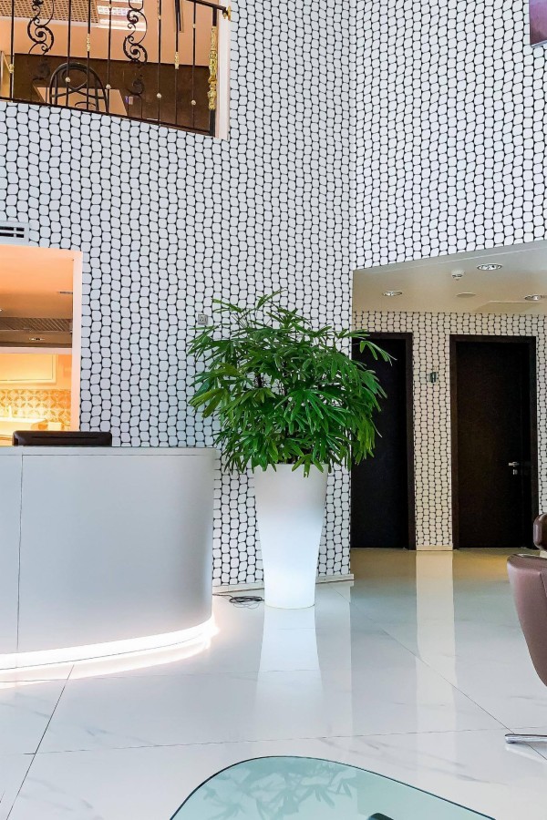 Modern style hallway in a hotel decorated with Abstract cell pattern peel and stick wallpaper