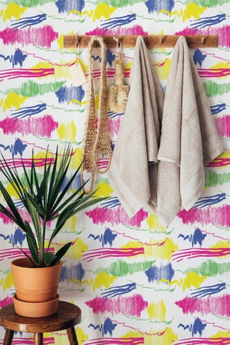Boho style bathroom decorated with Abstract doodles peel and stick wallpaper