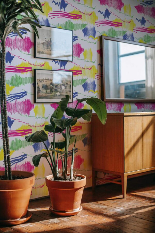 Mid-century modern style living room decorated with Abstract doodles peel and stick wallpaper