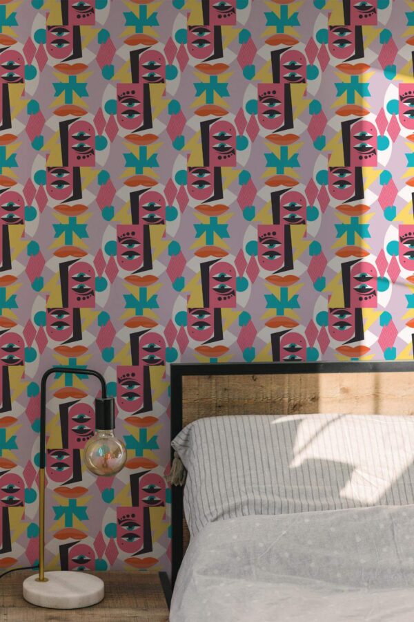Minimal modern style bedroom decorated with Abstract face peel and stick wallpaper