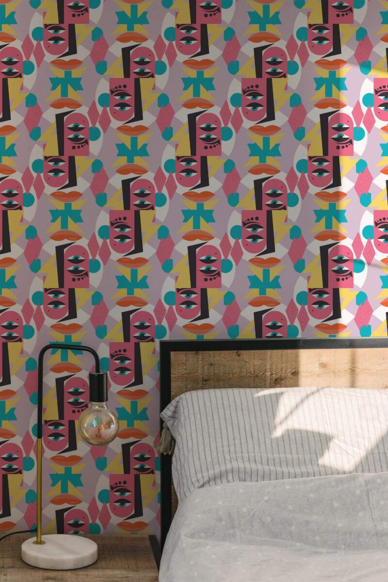 Minimal modern style bedroom decorated with Abstract face peel and stick wallpaper