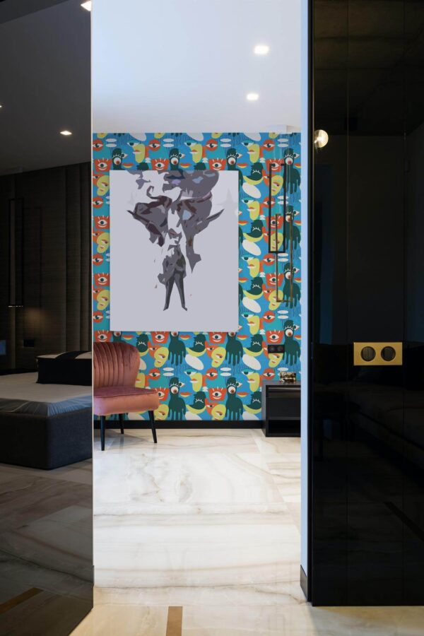 Art deco style bedroom decorated with Abstract faces and eyes peel and stick wallpaper
