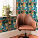 Mid-century modern style living room decorated with Abstract faces and eyes peel and stick wallpaper