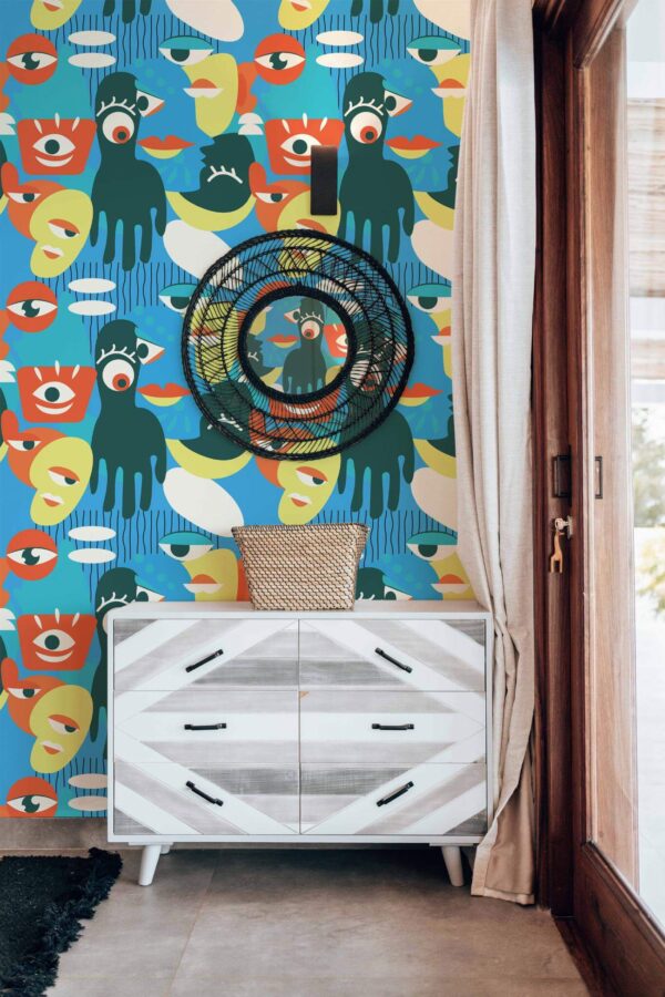 Modern farmhouse style living room decorated with Abstract faces and eyes peel and stick wallpaper