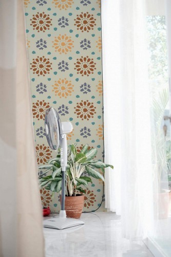 Minimal style living room decorated with Abstract floral peel and stick wallpaper