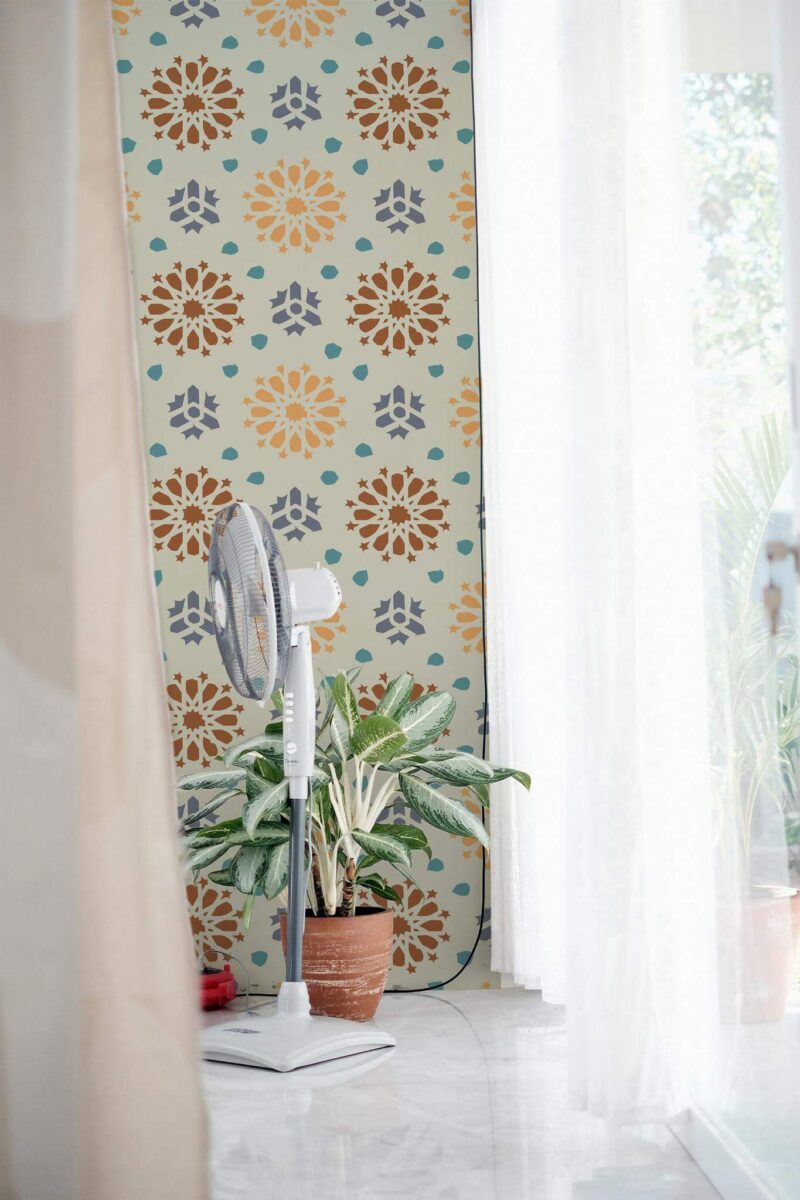 Minimal style living room decorated with Abstract floral peel and stick wallpaper