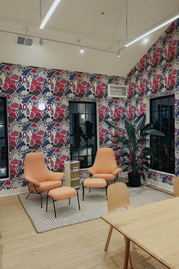 Minimal style living room decorated with Abstract Independence day peel and stick wallpaper and mid-century style chairs
