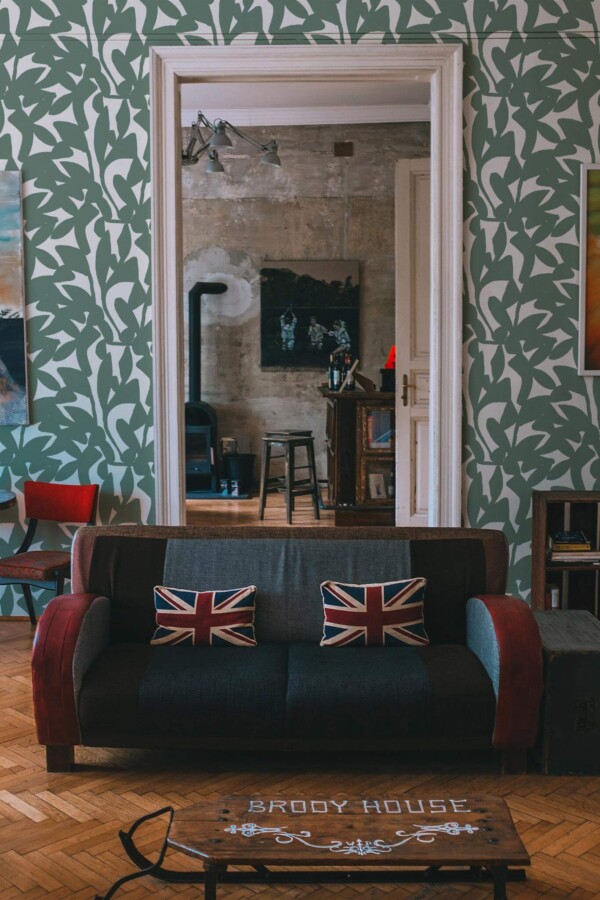 Industrial rustic style living dining room decorated with Abstract leave shadow peel and stick wallpaper